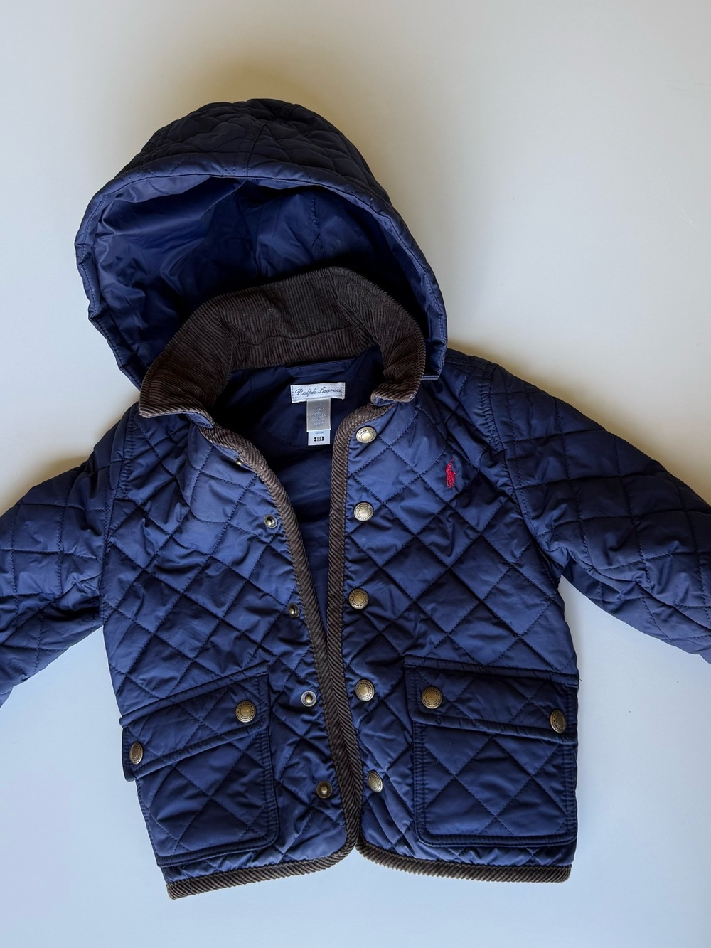 Ralph Lauren Kids Quilted Hooded Barn Jacket in Navy with Corduroy Trim